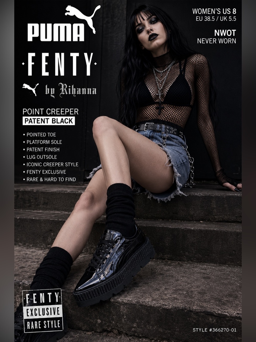 NWOT Puma x Fenty Point Creeper Patent Black Platform Sneakers Size 8